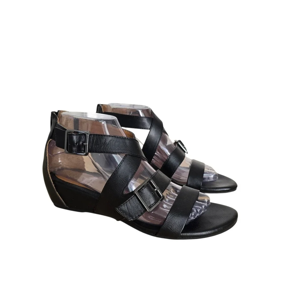 EuroSoft by Sofft Rishelle Black Strappy Wedge Sandals Womens 7.5 M E50011701